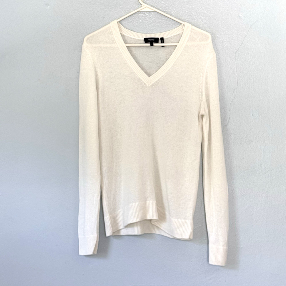 Theory Cashmere Sweater Womens Size L Cream Ivory V Neck Long Sleeve Minimalist